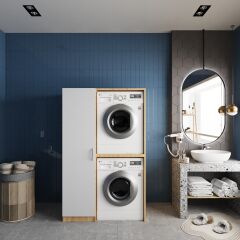 Almera Çamaşır Ve Kurutma Makinesi Dolabı Banyo Dolabı Meşe Beyaz- Ücretsiz Kurulum