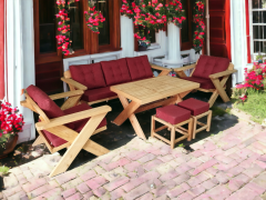 Berlin Masif Ahşap Bahçe Balkon Koltuk Kestane Ağacı 3+1+1 Koltuk, Masa ve Puf Takımı Bordo A.T.