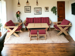 Berlin Masif Ahşap Bahçe Balkon Koltuk Kestane Ağacı 3+1+1 Koltuk, Masa ve Puf Takımı Bordo A.T.