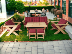 Berlin Masif Ahşap Bahçe Balkon Koltuk Kestane Ağacı 3+1+1 Koltuk, Masa ve Puf Takımı Bordo A.T.