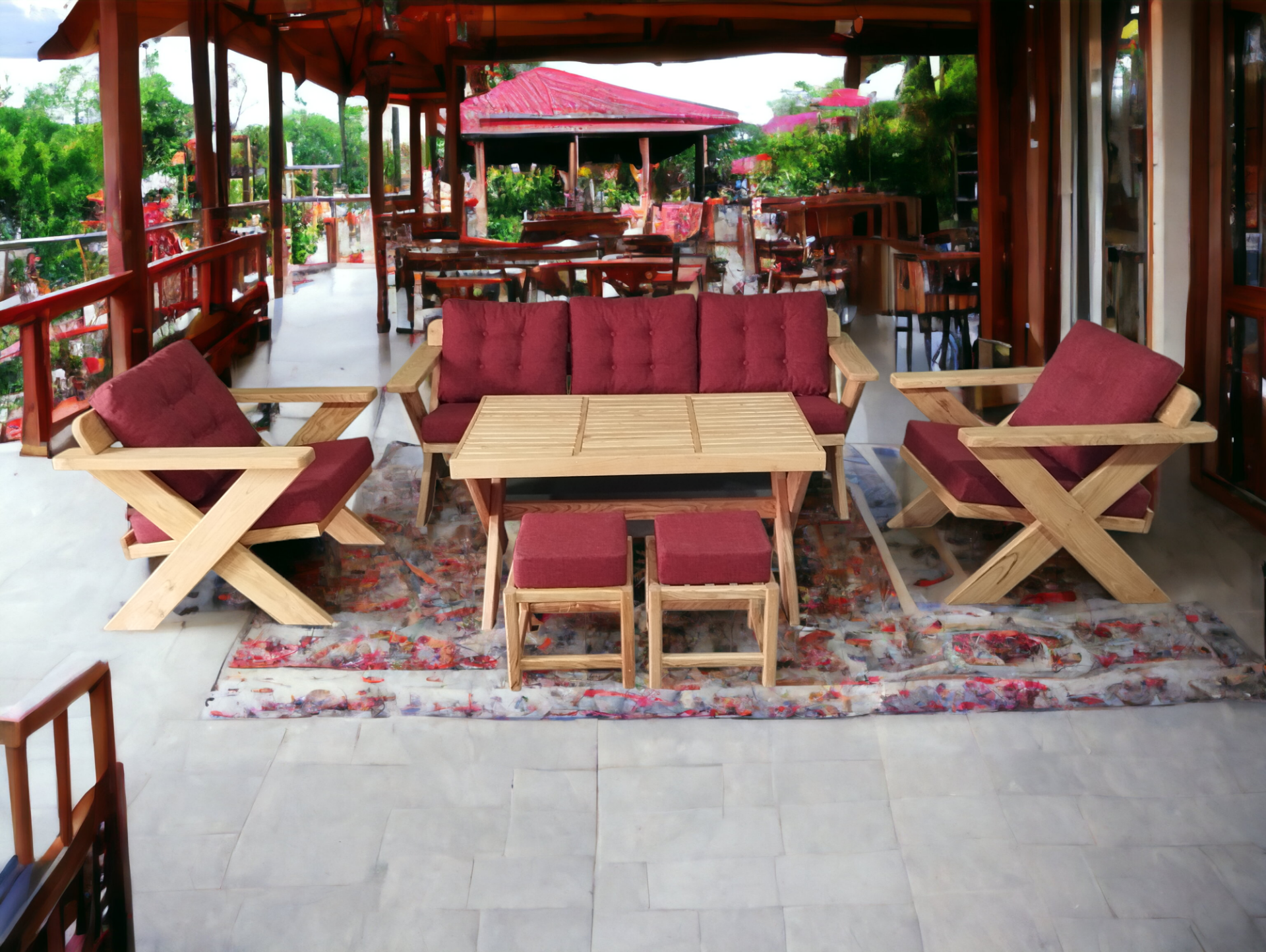 Berlin Masif Ahşap Bahçe Balkon Koltuk Kestane Ağacı 3+1+1 Koltuk, Masa ve Puf Takımı Bordo A.T.