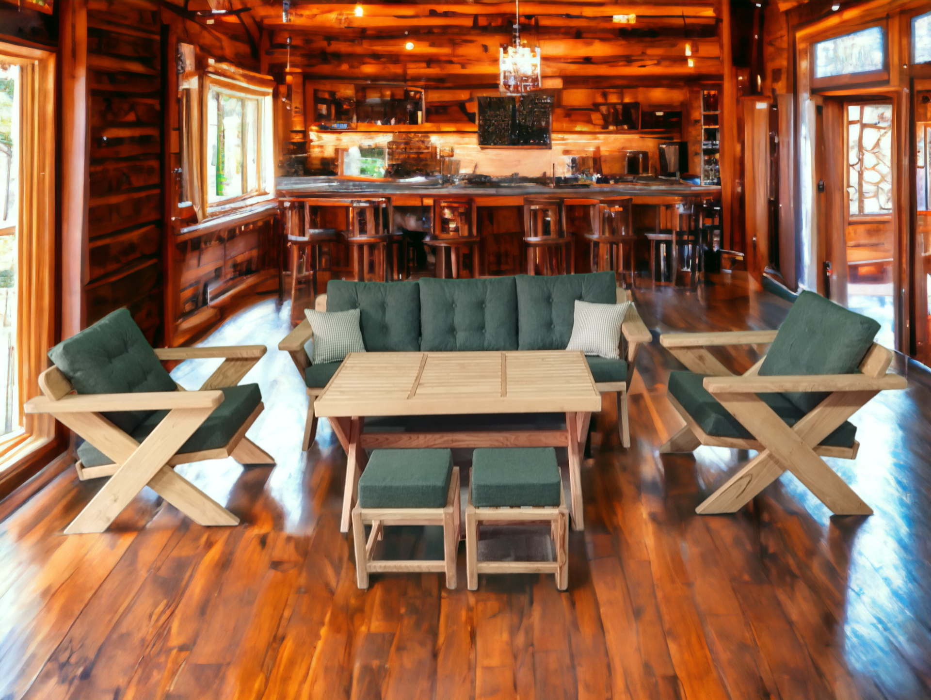 Berlin Masif Ahşap Bahçe Balkon Koltuk Kestane Ağacı 3+1+1 Koltuk, Masa ve Puf Takımı Haki Yeşil A.T.