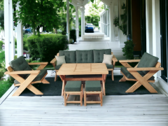 Berlin Masif Ahşap Bahçe Balkon Koltuk Kestane Ağacı 3+1+1 Koltuk, Masa ve Puf Takımı Haki Yeşil A.T.