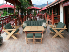 Berlin Masif Ahşap Bahçe Balkon Koltuk Kestane Ağacı 3+1+1 Koltuk, Masa ve Puf Takımı Haki Yeşil A.T.