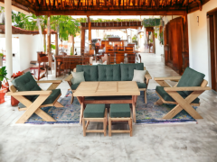 Berlin Masif Ahşap Bahçe Balkon Koltuk Kestane Ağacı 3+1+1 Koltuk, Masa ve Puf Takımı Haki Yeşil A.T.