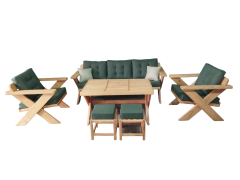 Berlin Masif Ahşap Bahçe Balkon Koltuk Kestane Ağacı 3+1+1 Koltuk, Masa ve Puf Takımı Haki Yeşil A.T.
