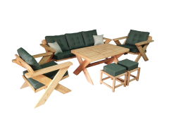 Berlin Masif Ahşap Bahçe Balkon Koltuk Kestane Ağacı 3+1+1 Koltuk, Masa ve Puf Takımı Haki Yeşil A.T.
