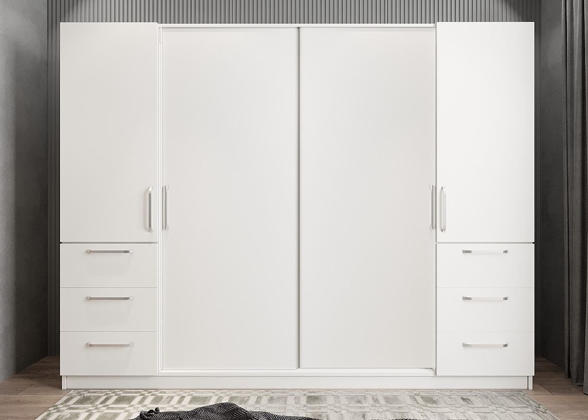Riga Sürgü Kapaklı 6 Çekmeceli Gardırop Dolap Beyaz Ölçü Seçenekli Ücretsiz Kurulum