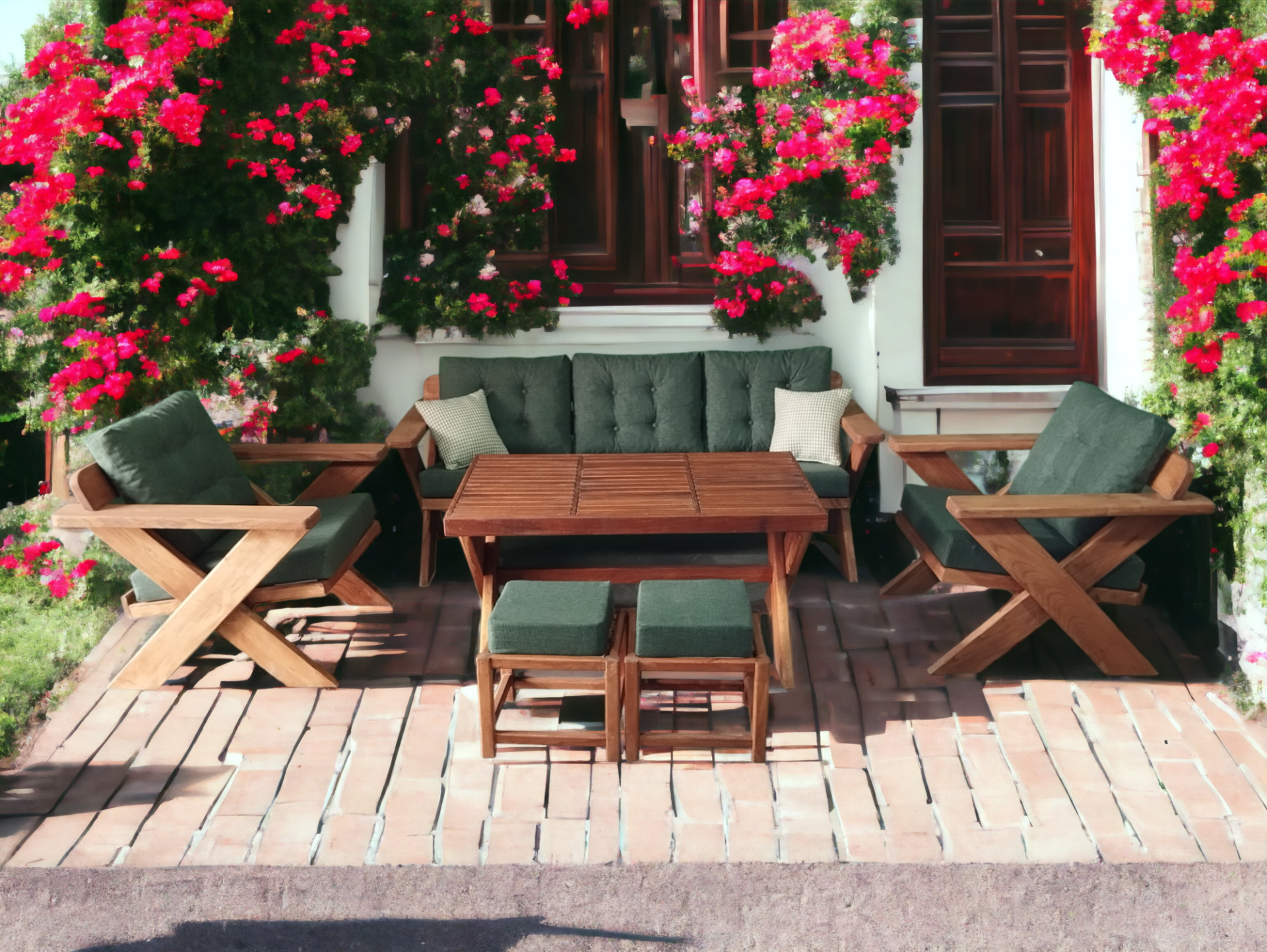 Berlin Masif Ahşap Bahçe Balkon Koltuk Kestane Ağacı 3+1+1 Koltuk, Masa ve Puf Takımı Haki Yeşil K.T.