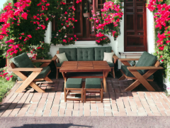 Berlin Masif Ahşap Bahçe Balkon Koltuk Kestane Ağacı 3+1+1 Koltuk, Masa ve Puf Takımı Haki Yeşil K.T.