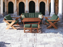 Berlin Masif Ahşap Bahçe Balkon Koltuk Kestane Ağacı 3+1+1 Koltuk, Masa ve Puf Takımı Haki Yeşil K.T.