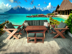 Berlin Masif Ahşap Bahçe Balkon Koltuk Kestane Ağacı 3+1+1 Koltuk, Masa ve Puf Takımı Haki Yeşil K.T.