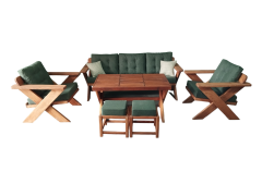 Berlin Masif Ahşap Bahçe Balkon Koltuk Kestane Ağacı 3+1+1 Koltuk, Masa ve Puf Takımı Haki Yeşil K.T.