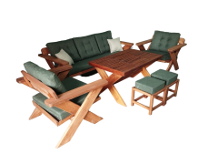 Berlin Masif Ahşap Bahçe Balkon Koltuk Kestane Ağacı 3+1+1 Koltuk, Masa ve Puf Takımı Haki Yeşil K.T.