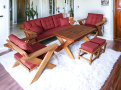 Berlin Masif Ahşap Bahçe Balkon Koltuk Kestane Ağacı 3+1+1 Koltuk, Masa ve Puf Takımı Bordo K.T.
