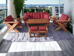 Berlin Masif Ahşap Bahçe Balkon Koltuk Kestane Ağacı 3+1+1 Koltuk, Masa ve Puf Takımı Bordo K.T.