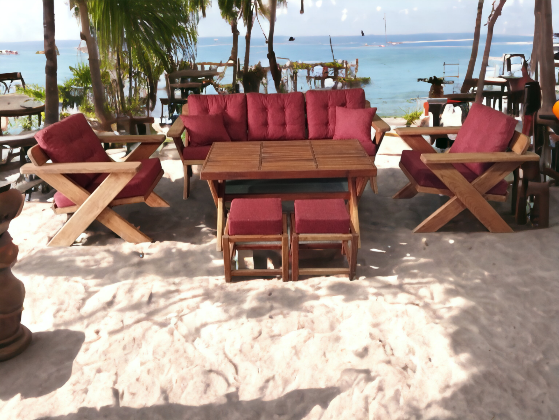 Berlin Masif Ahşap Bahçe Balkon Koltuk Kestane Ağacı 3+1+1 Koltuk, Masa ve Puf Takımı Bordo K.T.