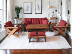 Berlin Masif Ahşap Bahçe Balkon Koltuk Kestane Ağacı 3+1+1 Koltuk, Masa ve Puf Takımı Bordo K.T.