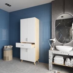 Mavera Çok Amaçlı Dolap Banyo Mutfak Kiler Dolabı Meşe Beyaz - Ücretsiz Kurulum