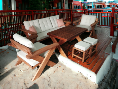 Berlin Masif Ahşap Bahçe Balkon Koltuk Kestane Ağacı 3+1+1 Koltuk, Masa ve Puf Takımı Krem K.T.