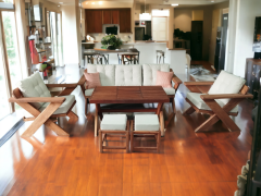 Berlin Masif Ahşap Bahçe Balkon Koltuk Kestane Ağacı 3+1+1 Koltuk, Masa ve Puf Takımı Krem K.T.