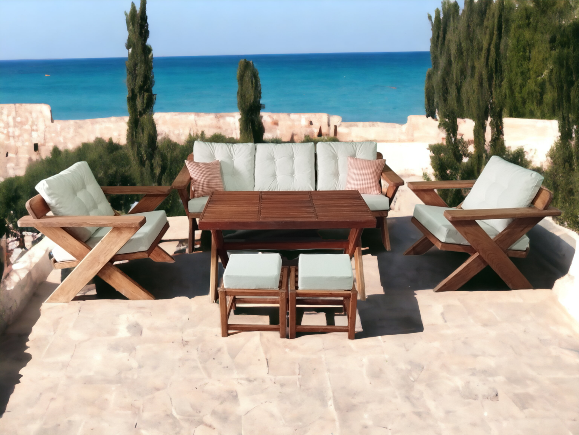 Berlin Masif Ahşap Bahçe Balkon Koltuk Kestane Ağacı 3+1+1 Koltuk, Masa ve Puf Takımı Krem K.T.