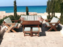 Berlin Masif Ahşap Bahçe Balkon Koltuk Kestane Ağacı 3+1+1 Koltuk, Masa ve Puf Takımı Krem K.T.