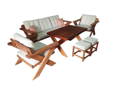 Berlin Masif Ahşap Bahçe Balkon Koltuk Kestane Ağacı 3+1+1 Koltuk, Masa ve Puf Takımı Krem K.T.