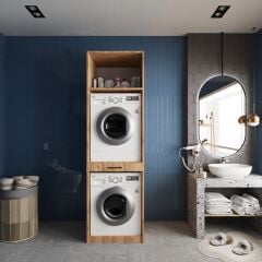 Piramit Çamaşır Ve Kurutma Makinesi Dolabı Banyo Dolabı Çam- Ücretsiz Kurulum