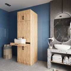 Piramit Çamaşır Ve Kurutma Makinesi Dolabı Banyo Dolabı Çam- Ücretsiz Kurulum