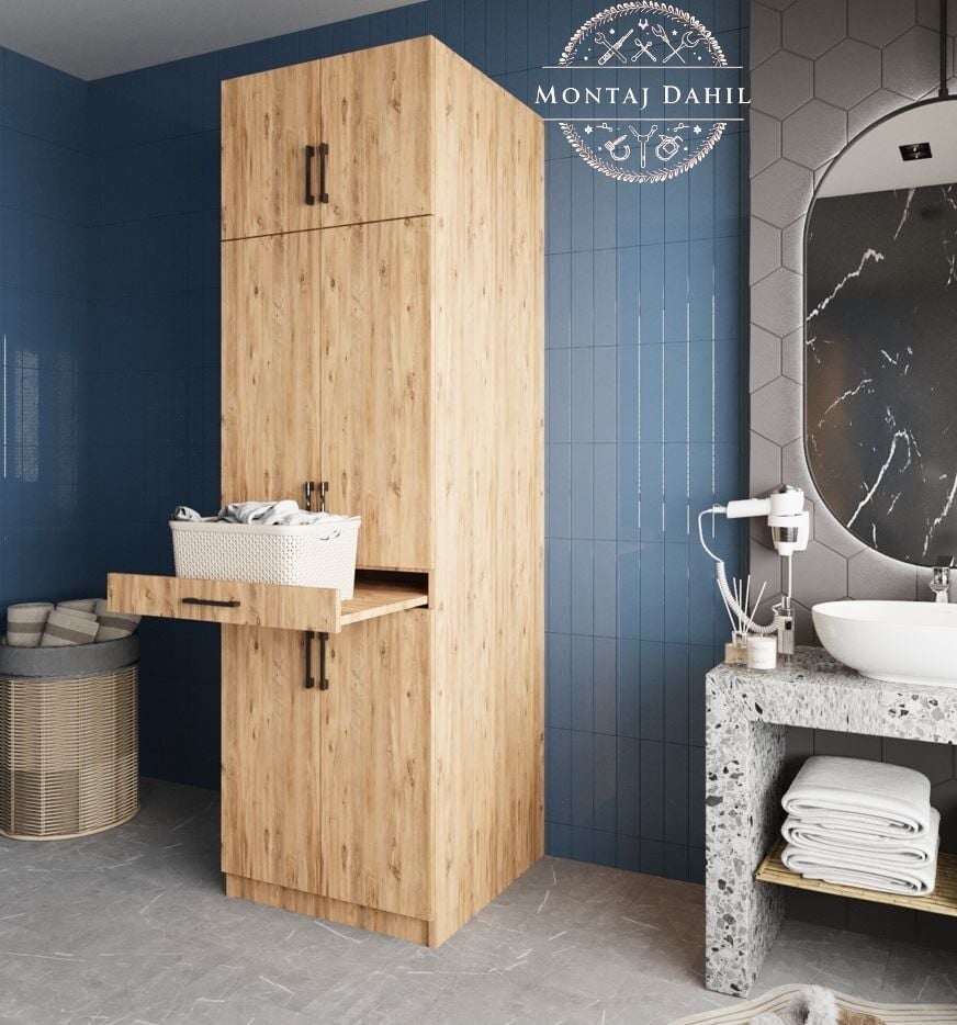 Piramit Çamaşır Ve Kurutma Makinesi Dolabı Banyo Dolabı Çam- Ücretsiz Kurulum