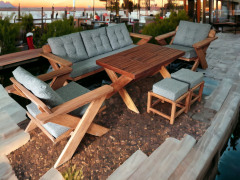 Berlin Masif Ahşap Bahçe Balkon Koltuk Kestane Ağacı 3+1+1 Koltuk, Masa ve Puf Takımı Gri K.T.