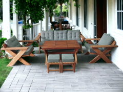 Berlin Masif Ahşap Bahçe Balkon Koltuk Kestane Ağacı 3+1+1 Koltuk, Masa ve Puf Takımı Gri K.T.