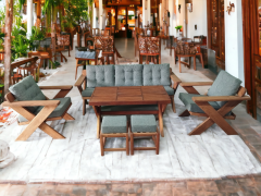 Berlin Masif Ahşap Bahçe Balkon Koltuk Kestane Ağacı 3+1+1 Koltuk, Masa ve Puf Takımı Gri K.T.