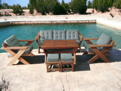 Berlin Masif Ahşap Bahçe Balkon Koltuk Kestane Ağacı 3+1+1 Koltuk, Masa ve Puf Takımı Gri K.T.