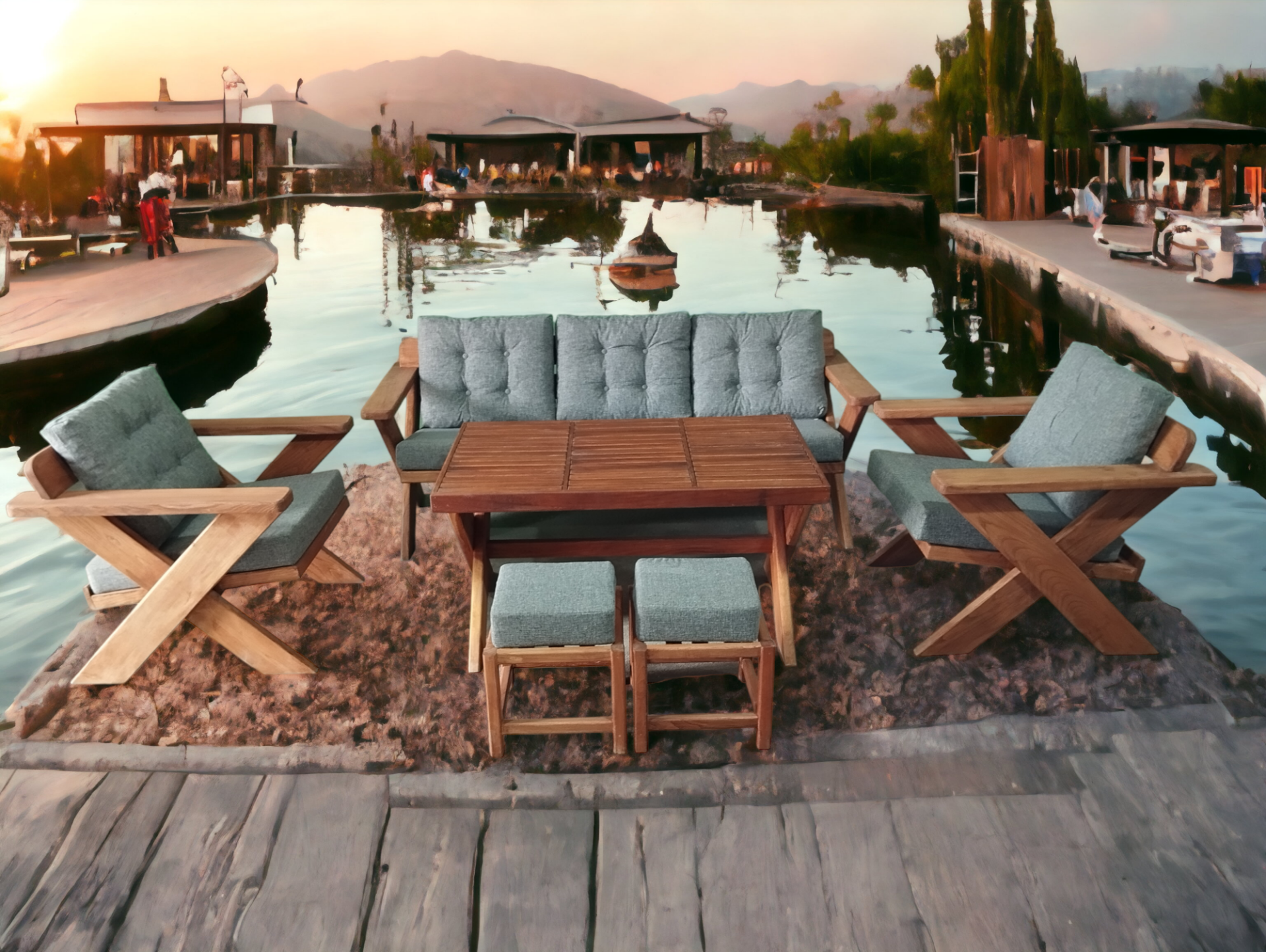 Berlin Masif Ahşap Bahçe Balkon Koltuk Kestane Ağacı 3+1+1 Koltuk, Masa ve Puf Takımı Gri K.T.