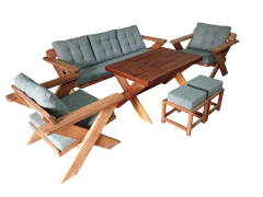 Berlin Masif Ahşap Bahçe Balkon Koltuk Kestane Ağacı 3+1+1 Koltuk, Masa ve Puf Takımı Gri K.T.