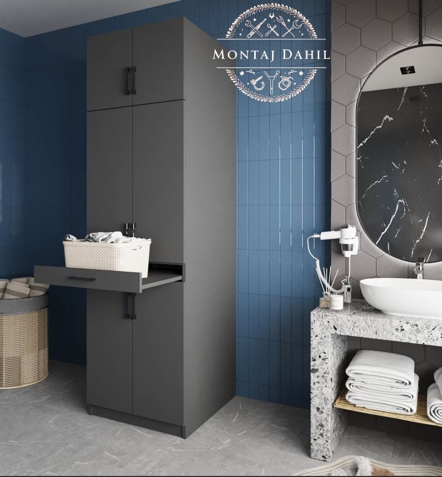 Piramit Çamaşır Ve Kurutma Makinesi Dolabı Banyo Dolabı Füme - Ücretsiz Kurulum