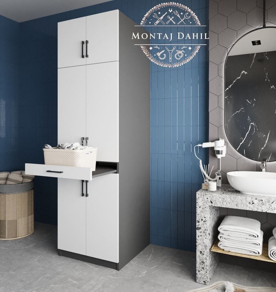 Piramit Çamaşır Ve Kurutma Makinesi Dolabı Banyo Dolabı Füme Beyaz - Ücretsiz Kurulum