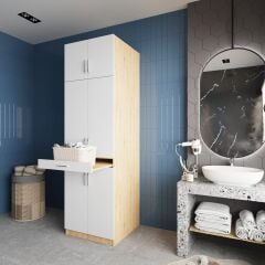 Piramit Çamaşır Ve Kurutma Makinesi Dolabı Banyo Dolabı Meşe Beyaz - Ücretsiz Kurulum