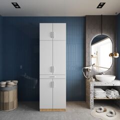 Piramit Çamaşır Ve Kurutma Makinesi Dolabı Banyo Dolabı Meşe Beyaz - Ücretsiz Kurulum