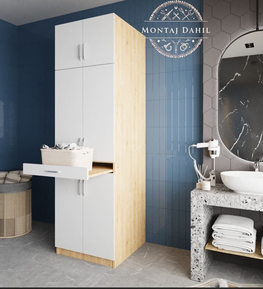 Piramit Çamaşır Ve Kurutma Makinesi Dolabı Banyo Dolabı Meşe Beyaz - Ücretsiz Kurulum