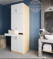 Piramit Çamaşır Ve Kurutma Makinesi Dolabı Banyo Dolabı Meşe Beyaz - Ücretsiz Kurulum