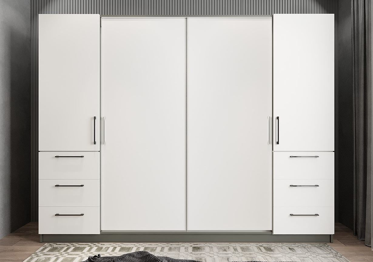 Riga Sürgü Kapaklı 6 Çekmeceli Gardırop Dolap Beyaz Füme Ölçü Seçenekli Ücretsiz Kurulum