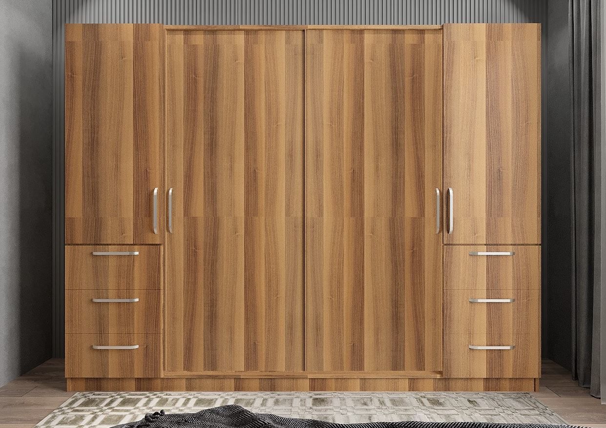 Riga Sürgü Kapaklı 6 Çekmeceli Gardırop Dolap Ceviz Ölçü Seçenekli Ücretsiz Kurulum