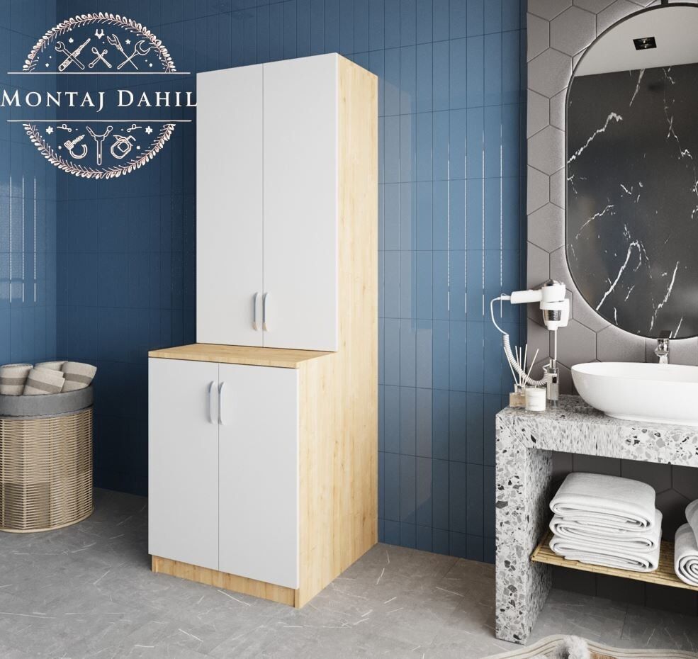 Aspen Çamaşır Ve Kurutma Makinesi Dolabı Banyo Dolabı Meşe Beyaz- Ücretsiz Kurulum