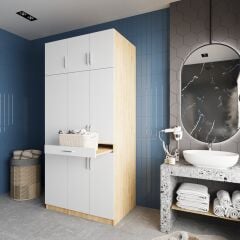 Vita Çamaşır Ve Kurutma Makinesi Dolabı Banyo Dolabı Meşe Beyaz - Ücretsiz Kurulum