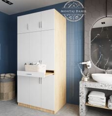 Vita Çamaşır Ve Kurutma Makinesi Dolabı Banyo Dolabı Meşe Beyaz - Ücretsiz Kurulum