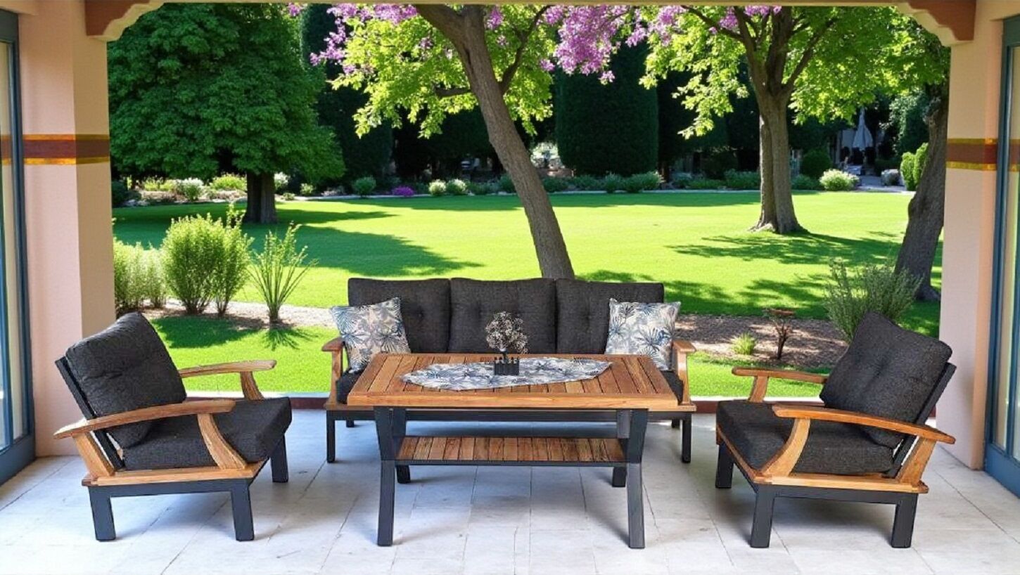 Akdeniz Masif Gürgen Ahşap ve Metal Bahçe Balkon Koltuk Takımı 3+1+1+Masa