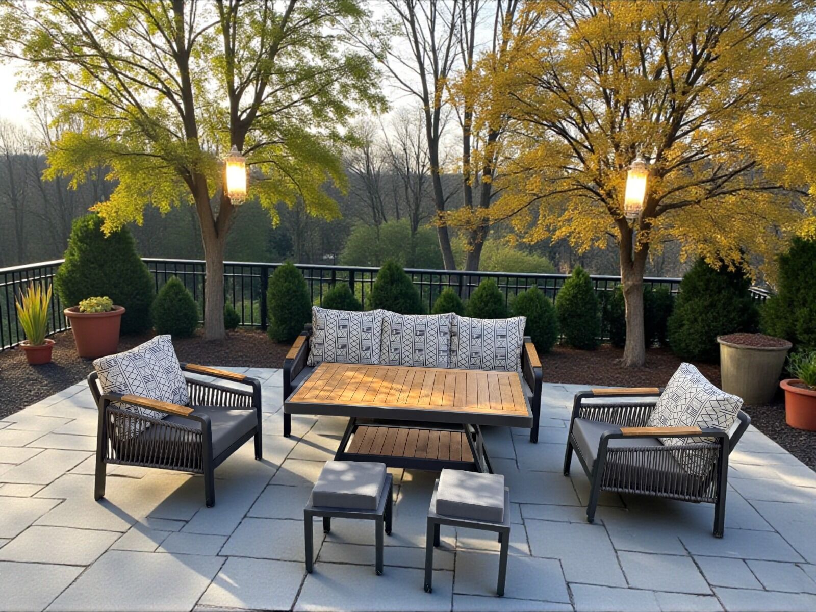 Rose Masif Ahşap ve Metal Bahçe Balkon Koltuk Takımı 3+1+1+Masa+2 Puf